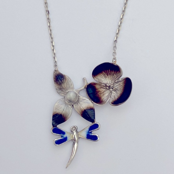 Jewelry - 925 Silver blue dragonfly lotus flower necklace handmade enamel